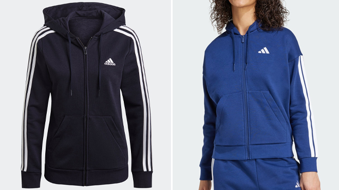 Adidas Womens Essentials French Terry 3 Stripes Full Zip Hoodie and Adidas Womens Essentials 3 Stripes Full Zip Fleece Hoodie