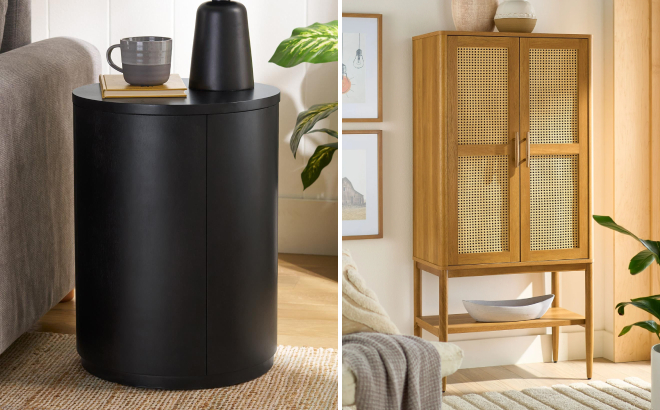 Better Homes Gardens Miller Drum End Table and Springwood Caning Storage Accent Cabinet