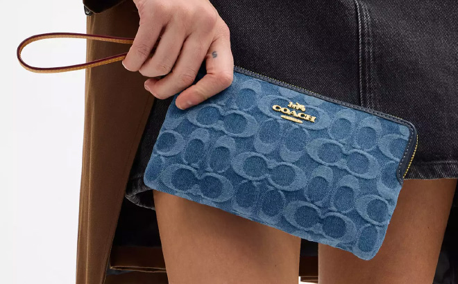 Coach Outlet Large Corner Zip Wristlet In Signature Denim Coach Outlet Large Corner Zip Wristlet In Signature Denim