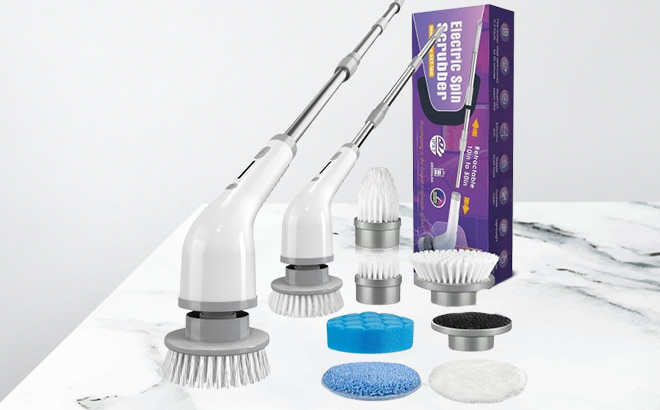 Electric Spin Scrubber with 7 Replaceable Brush Heads on the Table