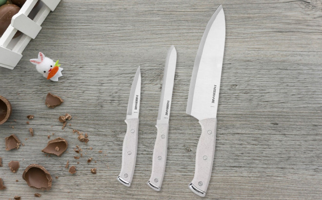 Farberware Triple Rivet 3 Piece Chef Knife Set on the Table