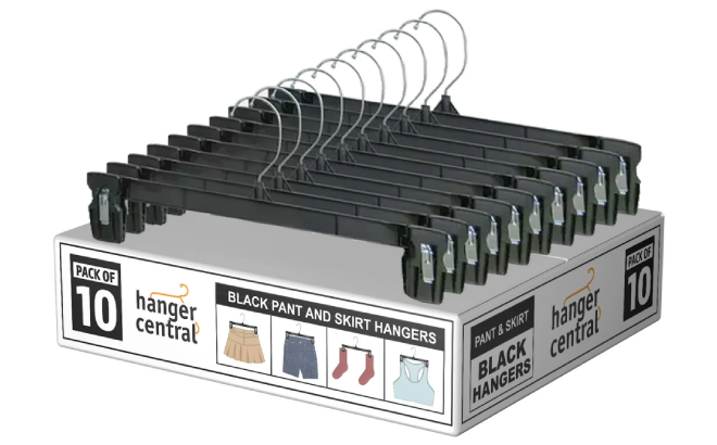 Hanger Central 10 Pack Black Plastic Pants Hangers with Clips
