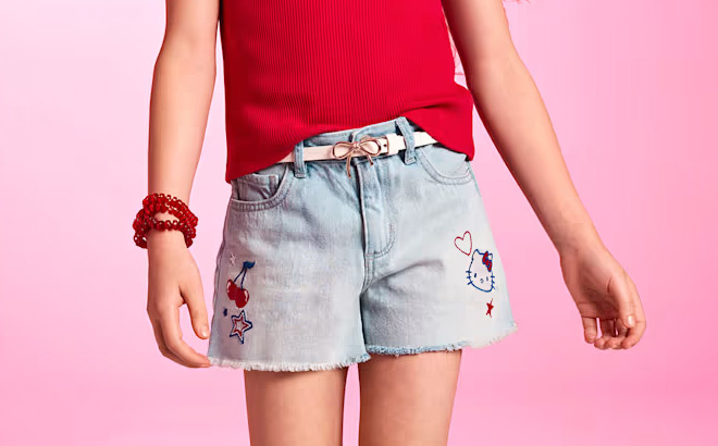 Hello Kitty Girls Embroidered Icon Shortie Jean Shorts