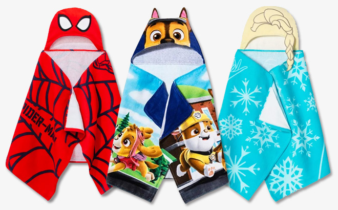 Kids Hooded Towels in Spiderman Paw Patrol and Frozen Style on Light Gray Background