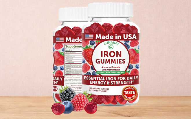Lunakai USA Made Vegan Iron Gummies with Vitamin C E B12 Folate 60 Count