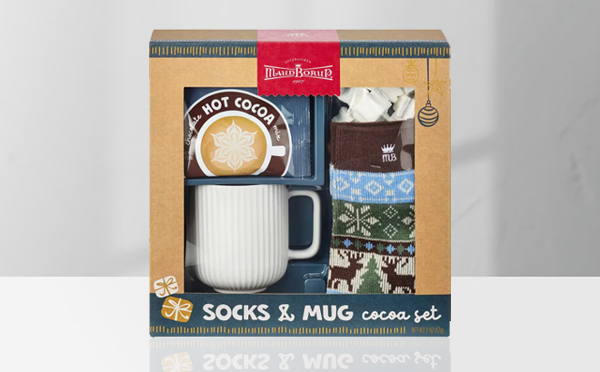 Maud Borup Cozy Holiday Socks and Mug Hot Cocoa Set