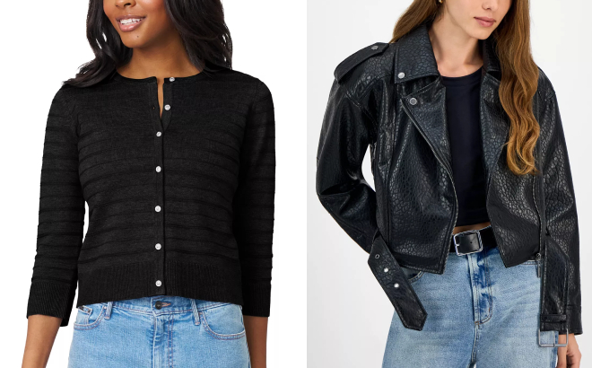Melissa Paige Petite Textured Stripe Cardigan Sweater and Jou Jou Juniors Faux Leather Belted Jacket