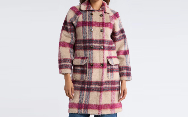 Melloday Plaid Faux Fur Peacoat