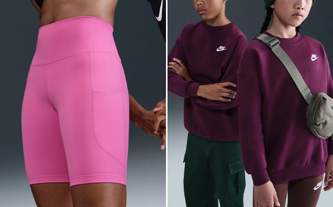 Nike One Womens High Waisted Biker Shorts and Nike Sportswear Club Fleece Big Kids Oversized Sweatshirt