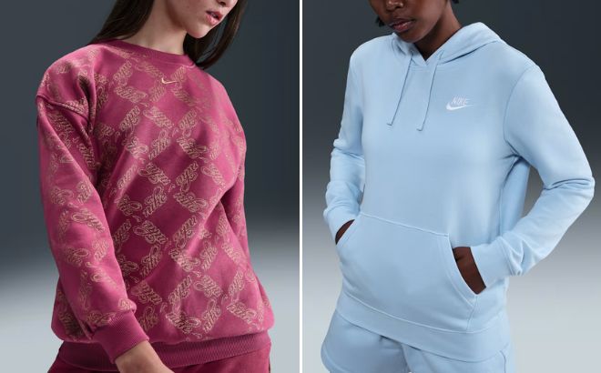 Nike Sportswear Club Fleece Big Kids Oversized Printed Crewneck Sweatshirt and Womens Pullover Hoodie