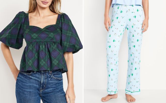 Old Navy Womens Puff Sleeve Plaid Poplin Peplum Top and Sunday Sleep Knit Jersey Pant Old Navy Womens Puff Sleeve Plaid Poplin Peplum Top and Sunday Sleep Knit Jersey Pant