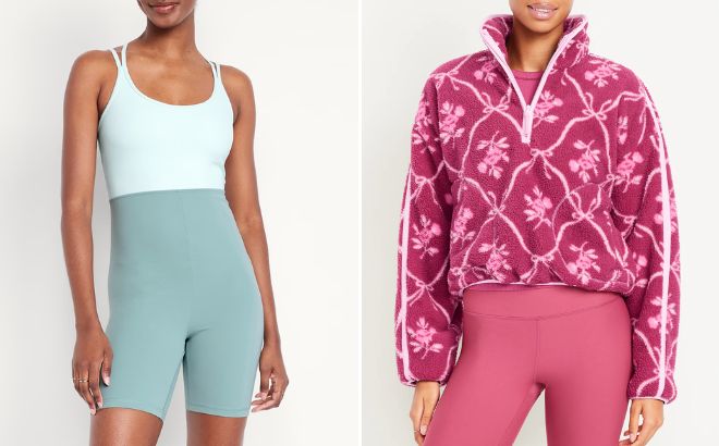 Old Navy Womens StudioSmooth Bodysuit and Printed Loose Sherpa Quarter Zip Pullover