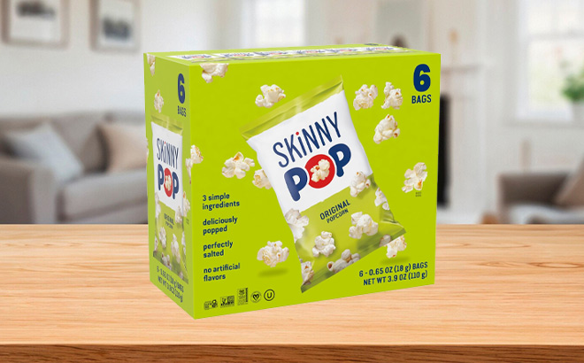 SkinnyPop Popcorn 6 Pack on the Table