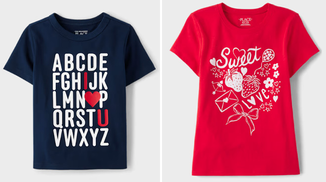 The Childrenns Place Baby And Toddler Boys Valentines Day Love You Alphabet Graphic Tee and Girls Valentines Day Sweet Doodles Graphic Tee