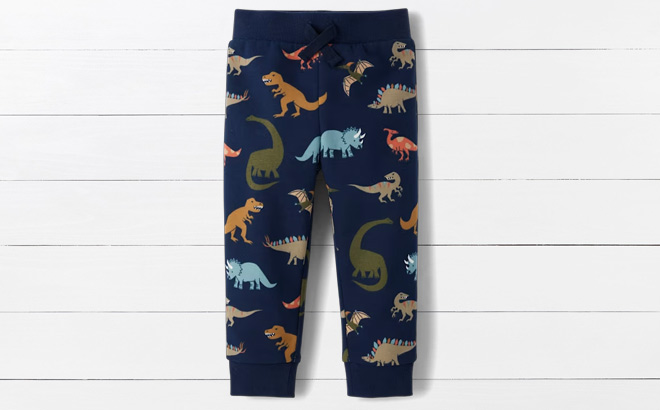 The Childrens Place Toddler Boys Print Premium Fleece Jogger Pants on the Table