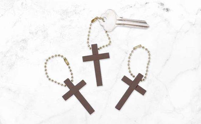 Three Classic Wood Cross Keychains with Metal Chain Three Classic Wood Cross Keychains with Metal Chain