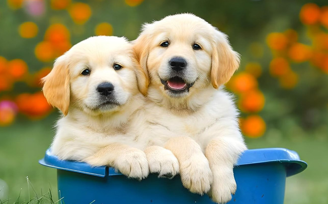 Two Puppies Sitting Beside Each Other Two Puppies Sitting Beside Each Other