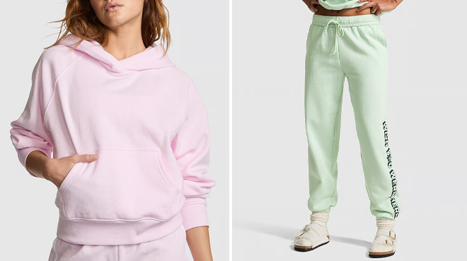 Victorias Secret PINK Campus Shrunken Hoodie and Fleece Sweatpants Victorias Secret PINK Campus Shrunken Hoodie and Fleece Sweatpants