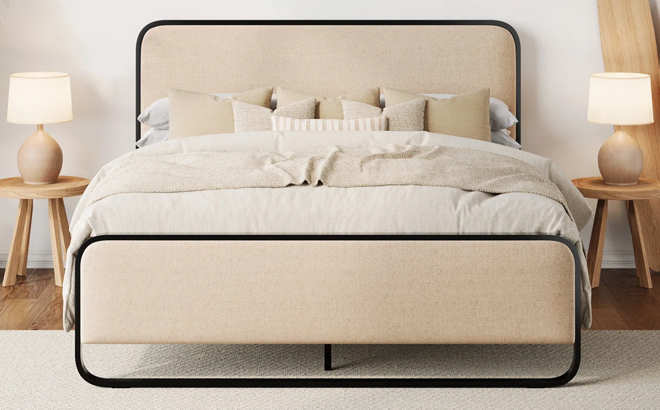 Wade Logan Arnasia Modern Beige Upholstered Platform Bed with Padded Headboard
