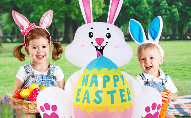 3 6FT Easter Inflatables Bunny with Egg between Kids