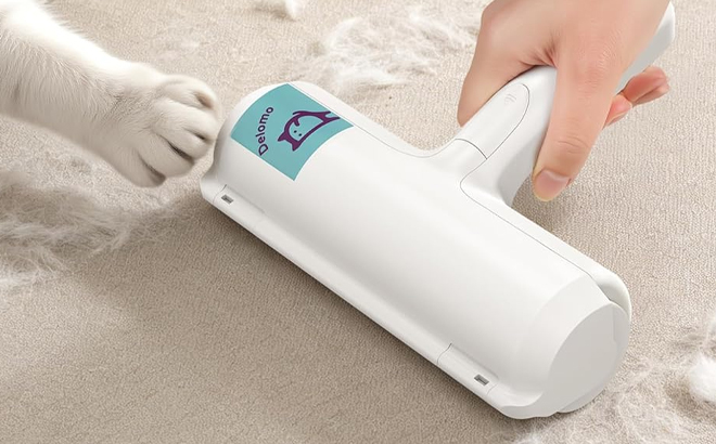 A Woman Using DELOMO Pet Hair Remover Roller