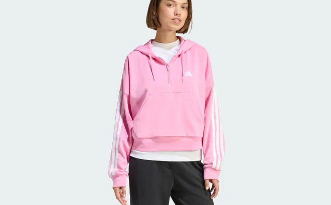 Adidas Womens Essentials 3 Stripes French Terry Quarter Zip Hoodie in Pink