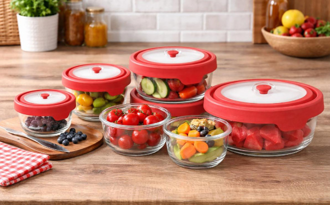 Anchor Hocking 14 Piece Glass Storage Bowls on Kitchen Table