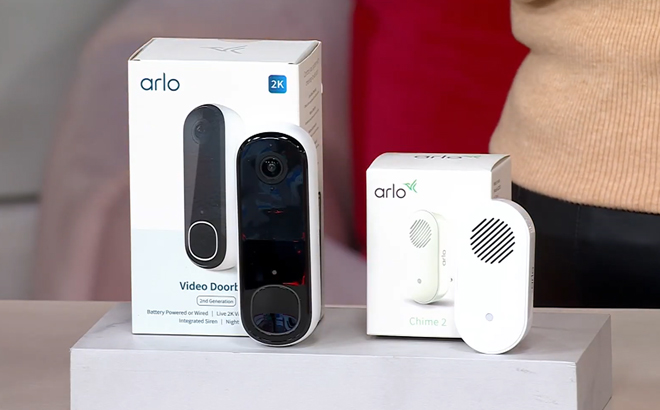 Arlo 2K Video Doorbell With Chime Bundle on a Product Stand