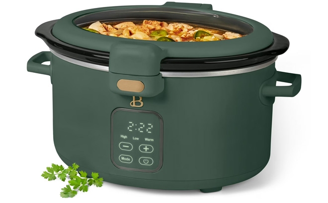 Beautiful 4 Qt Digital Slow Cooker with Hinged Locking Lid