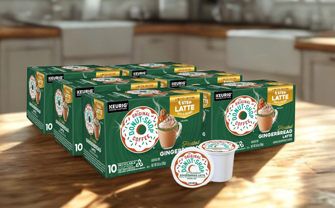 Boxes of The Original Donut Shop K Cup Pods on a Table