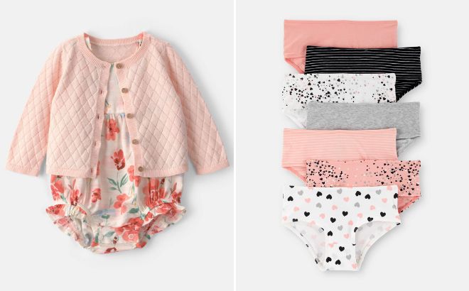 Carters Baby Girl 2 Piece Floral Cardigan Bubble Set and Girls 7 Pack Heart Print Brief Underwear