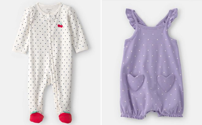 Carters Baby Girl Cherry 2 Way Zip Sleep Play Pajama and Baby Girl Polka Dots Sleeveless Romper