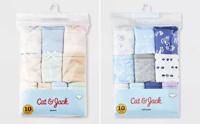 Cat and Jack Girls Solid Cotton Briefs 10 Pack and Girls Dogs Cotton Hipster Underwear 10 Pack