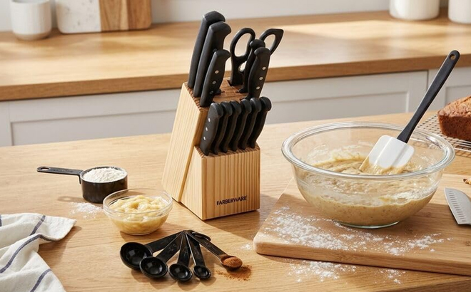 Farberware 22 Piece Cutlery Block Set on a Kitchen Table