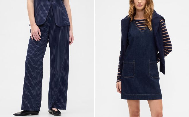 GAP Factory Recycled Mid Rise Easy Wide Leg Pants and Denim V Neck Mini Dress
