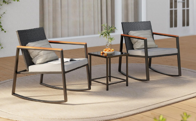 Lofka Patio Rocking Chairs Set with Glass Coffee Table