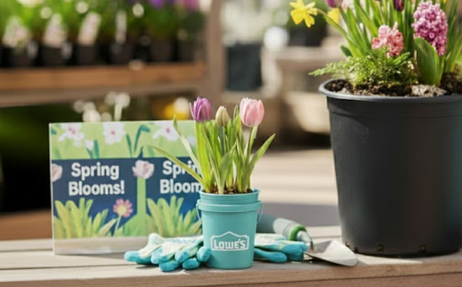 Lowes Plastic Teal Mini Bucket on a Table