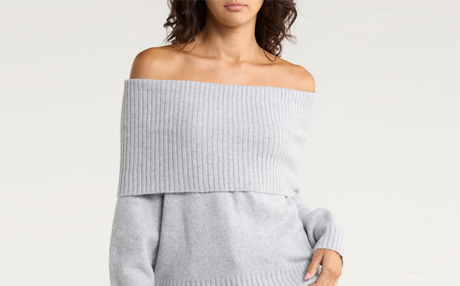Model Wearing Grey Off the Shoulder Sweater