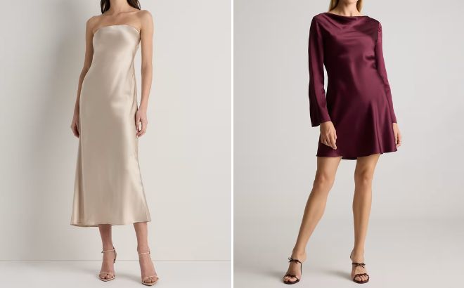 Quince Washable Silk Strapless Midi Dress and Long Sleeve Mini Dress Quince Washable Silk Strapless Midi Dress and Long Sleeve Mini Dress