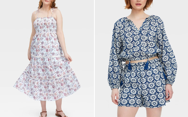 Roller Rabbit x Target Womens Sketched Floral Tie Shoulder Tiered Maxi A Line Dress and Daisy Floral Long Sleeve Tie Neck Boho Top