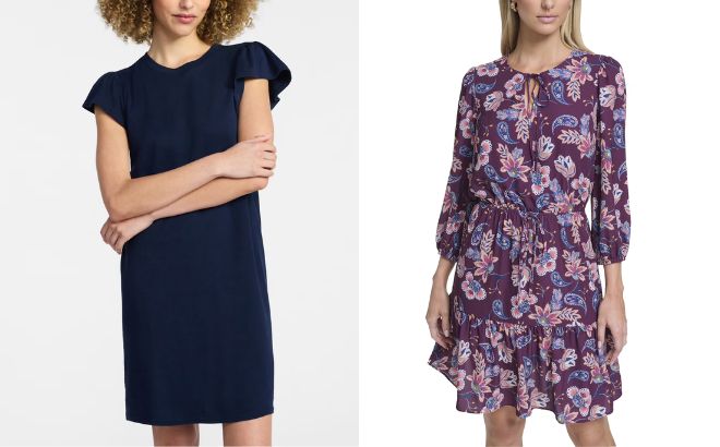 Time and Tru Womens Cotton T Shirt Mini Dress and Falling Flowers Womens Blouson Tiered Dress