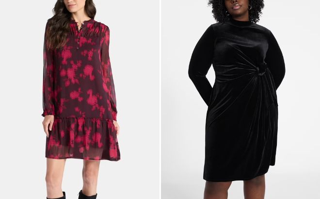 Time and Tru Womens Pintuck Yoke Dress and Terra Sky Womens Plus Long Sleeve Velvet Mock Neck Dress