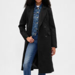 A Person Wearing GAP Wool Blend Chesterfield Coat in Black Color