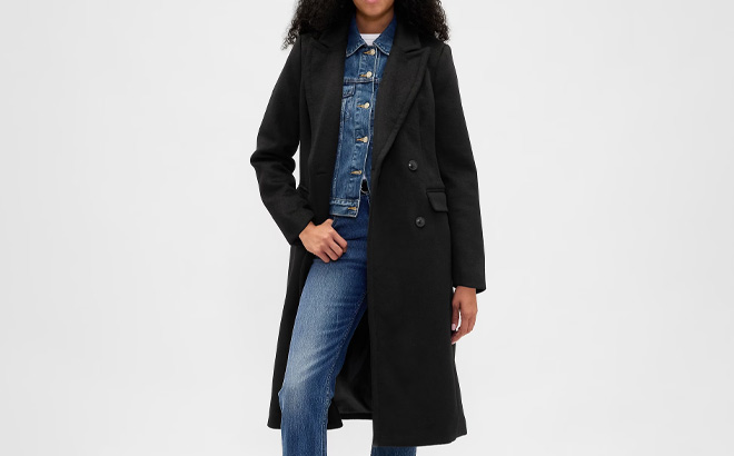 A Person Wearing GAP Wool Blend Chesterfield Coat in Black Color