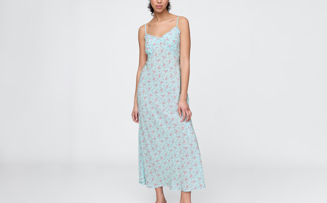 A Person Wearing Ruffle Trim Maxi Slip Dress