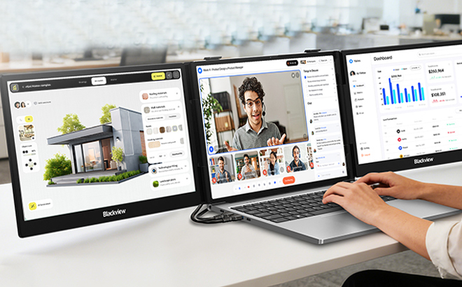 A Woman Using the Blackview Laptop Screen Extender