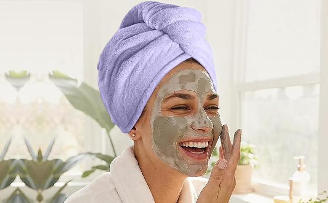 A Woman Wearing HICOBER Microfiber Hair Towel in Purple