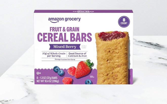 Amazon Grocery Mixed Berry Fruit Grain Cereal Bar 8 Count on the Table