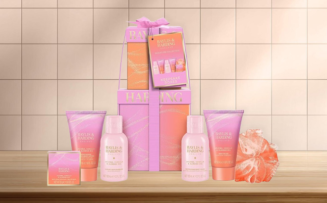 Baylis Harding Jojoba Vanilla Almond Oil Luxury Pamper Present Gift Set on the Table