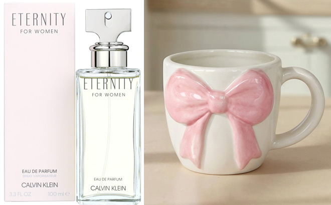 Calvin Klein Eternity Perfume for Women and Pink and White Bow Mug